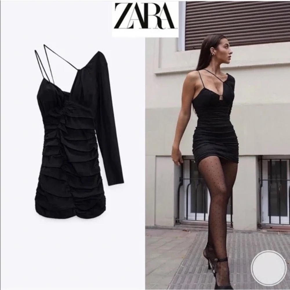 Zara Asymmetrical Black Draped Mini Dress XS